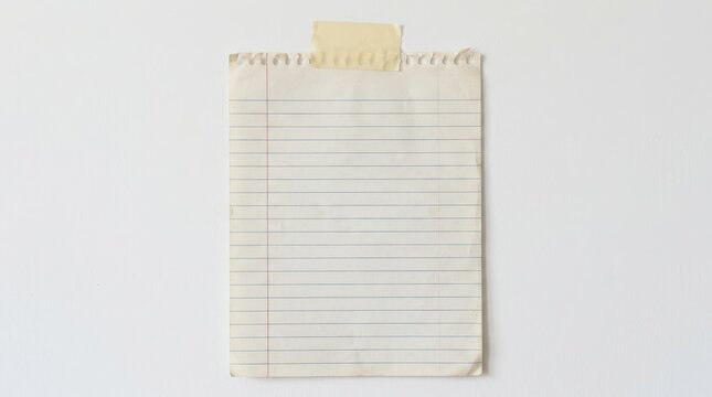 Notebook page with horizontal lines taped to white wall, notebook