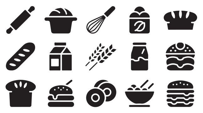 Baking ingredients and bread icon set featuring kitchen tools and fresh food products.