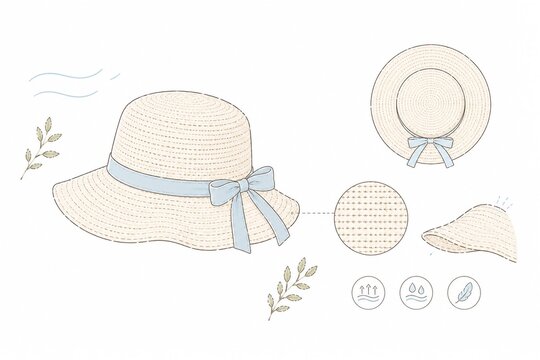 夏のファッションと日よけに最適な水色リボンの麦わら帽子のイラスト