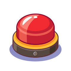 Fototapeta premium a large shiny red emergency button with a dome-shaped top, mounted on a dark gray and gold cylindrical base with a purple shadow beneath.