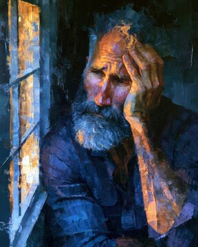 A middle-aged man with a gray beard gazes through a window while light falls on his face. His expression shows deep thought and emotion.