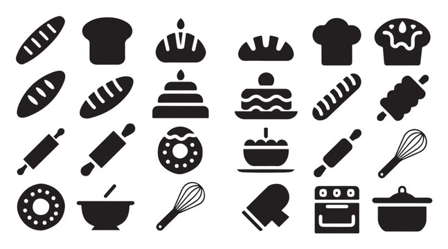 Bakery and kitchen tools icon set including bread rolling pins and cooking equipment flat.
