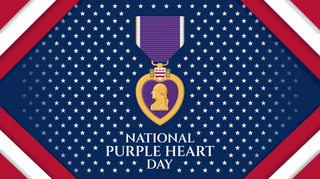 National Purple Heart Day banner with medal and patriotic background.