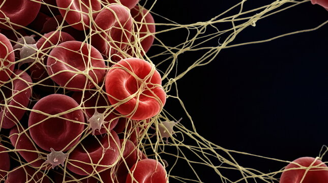 Blood clot forming with red blood cells and fibrin mesh against dark background, microscopic medical illustration, thrombosis concept
