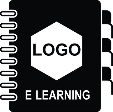 Digital e learning notebook icon featuring a bold hexagon shape with spiral binding and index tabs in a flat minimalist black and white graphic style