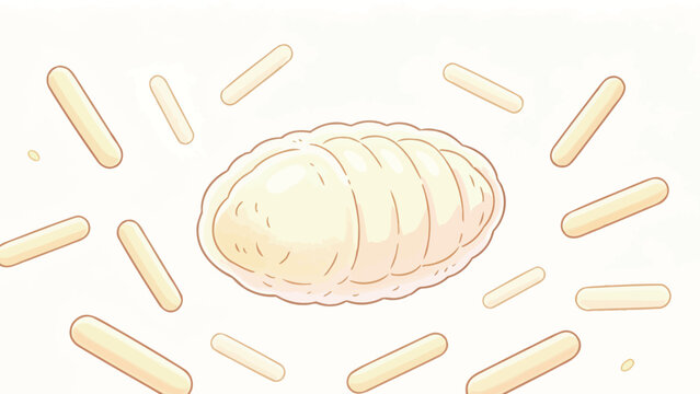 Kawaii cartoon insect larva with radiating energy lines, soft pastel colors, isolated on white