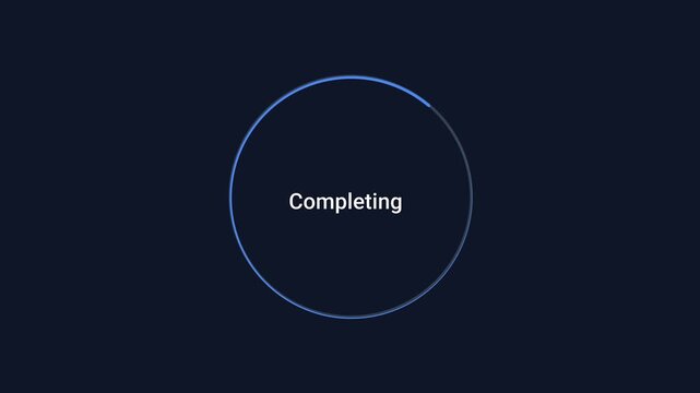 Animated flat vector motion graphic featuring a circular completion progress indicator with status text on a dark background. Ideal for loading screens, task completion, dashboards, and user interface