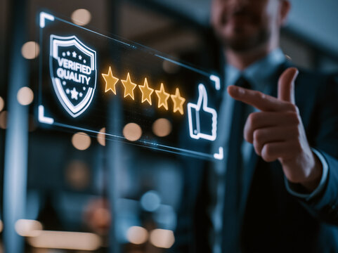 Businessman Pointing at Verified Quality Badge with Star Rating