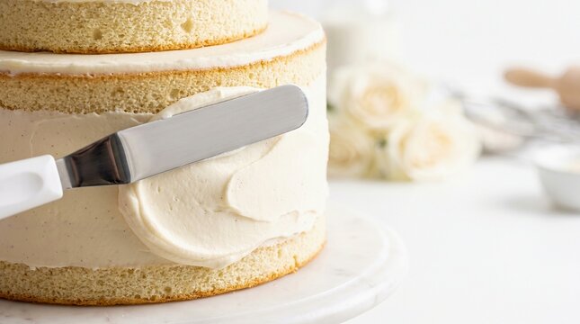 Layer cake being frosted with white buttercream using spatula on marble stand, preparation for special occasions.