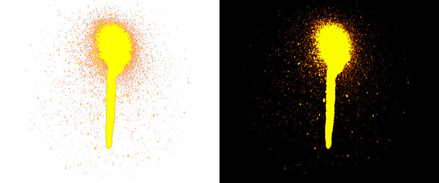 Yellow spray paint drip on white and black background, urban graffiti splatter texture, neon paint drop with aerosol mist effect for street art design