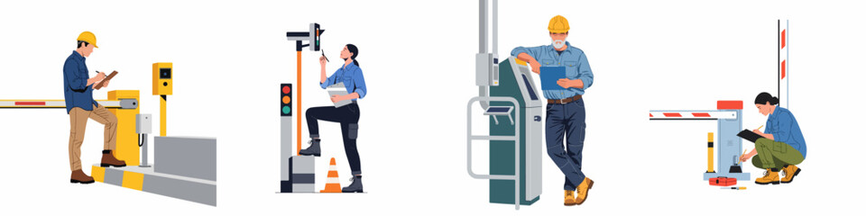 Obraz premium Set of illustrations depicting professional technicians inspecting and maintaining parking lot security barriers, traffic lights, and payment systems.