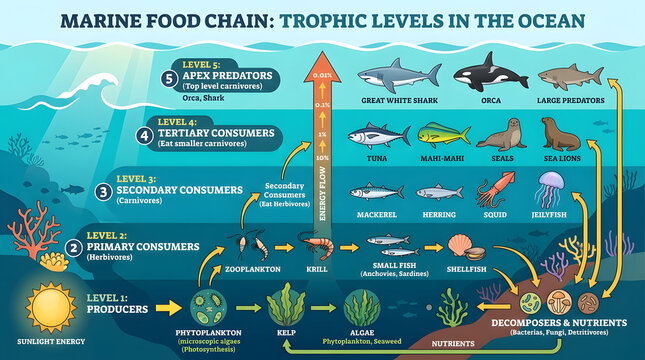 Diagram illustrating the marine food chain, trophic levels, and ocean ecosystem's producers, consumers, and decomposers