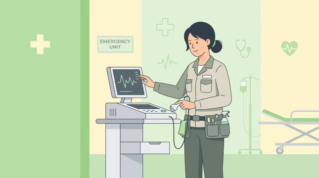 Nurse operating EKG machine in medical unit, healthcare equipment