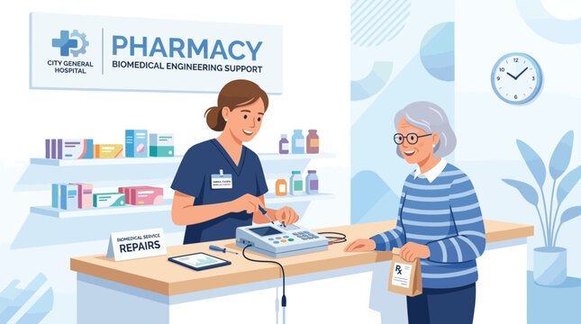 Pharmacy Biomedical Engineering Support: Technician Servicing Medical Device for Elderly Woman