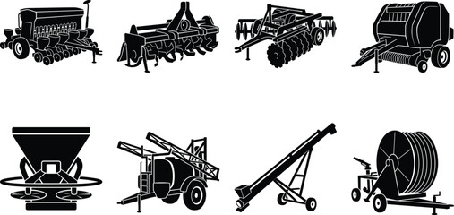 Obraz premium Collection of agricultural machinery and farm equipment black silhouettes isolated on a white background