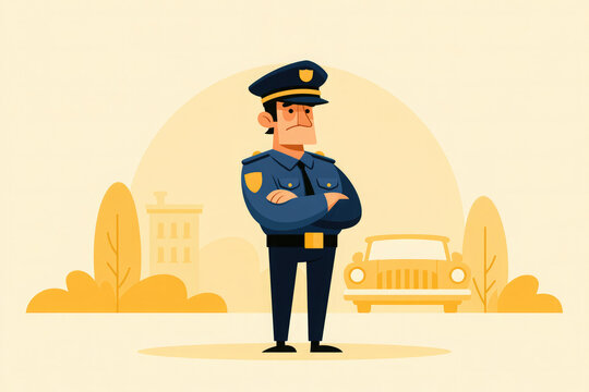 Police Officer Standing Beside Patrol Car and Building
