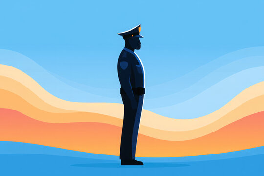 Police Officer Silhouette Standing Against Wavy Sunset Background