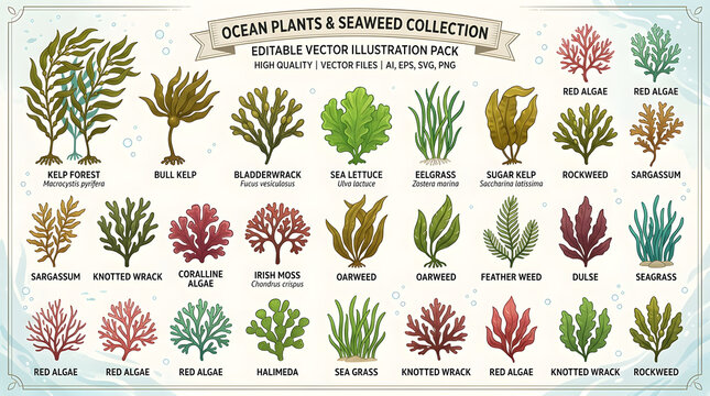 Comprehensive collection of vintage underwater marine flora detailed kelp algae sea grass botanical elements set