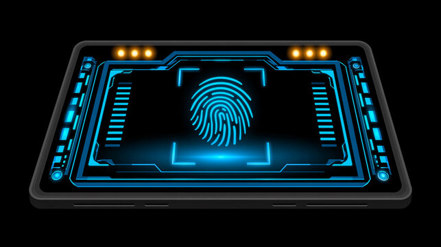 Futuristic tablet device displaying glowing fingerprint scanner icon for digital security concept