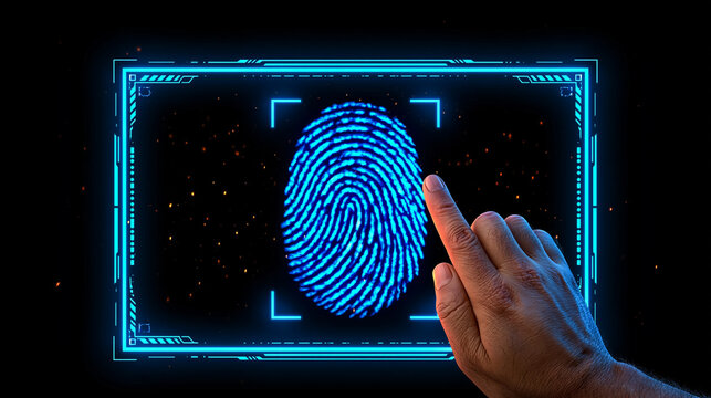 Man scanning fingerprint on futuristic biometric identification screen for cybersecurity access