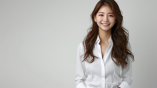 Professional Young Business Woman Standing and Smiling in Shirt and White Pants