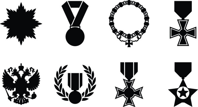 Collection of black silhouette military medals, award ribbons, and heraldic emblem vector icons