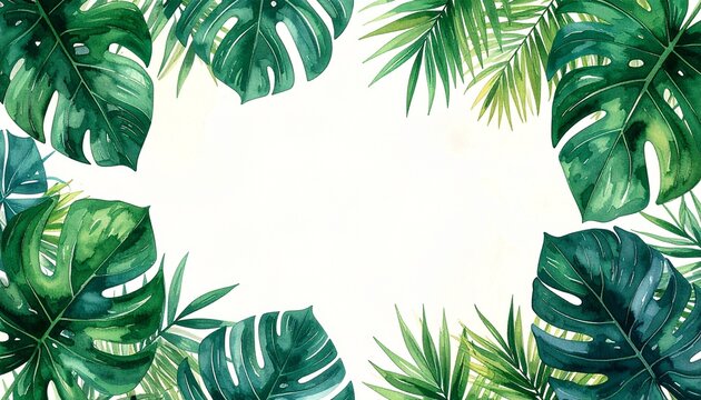 Minimal tropical foliage border with palm leaves and monstera on clean white paper