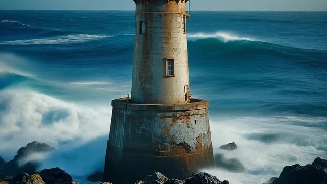 dramatic waves crashing around historic coastal lighthouse