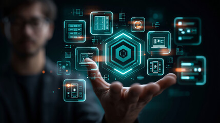 Fototapeta premium Hand presenting glowing hexagon icon connected to network devices for cybersecurity technology concept