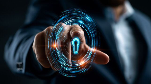 Businessman Touching Digital Padlock Keyhole Cyber Security Icon