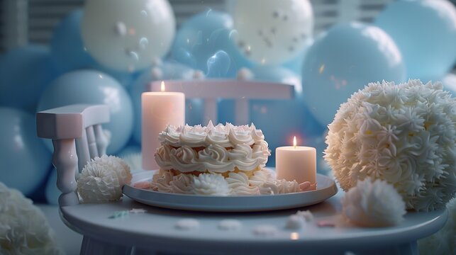 Baby High Chair with Birthday Cake Candles and Blue Balloons Celebration Background