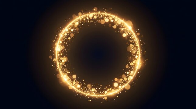 Golden glitter particles in a ring shape. Glowing magic circle with bokeh light effects.