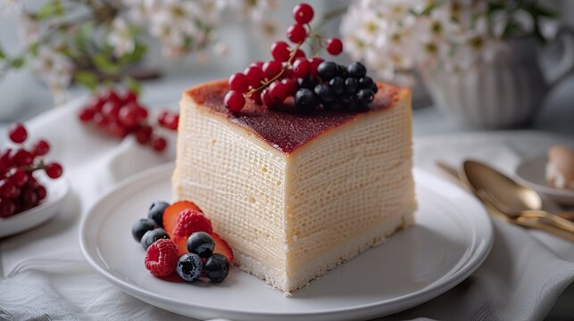 Creamy Basque Burnt Cheesecake on White Plate Freshly Baked Gourmet Dessert