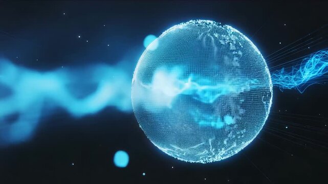 Digital globe with glowing blue lines and particles representing interconnectedness and technology in a futuristic abstract design