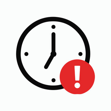 Clock icon with red exclamation mark alert symbol vector illustration.