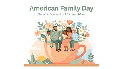 Fototapeta premium Illustration of a diverse family sitting on a large teacup surrounded by flowers with text 'American Family Day' and 'Moments Shared Are Memories Made' above them.