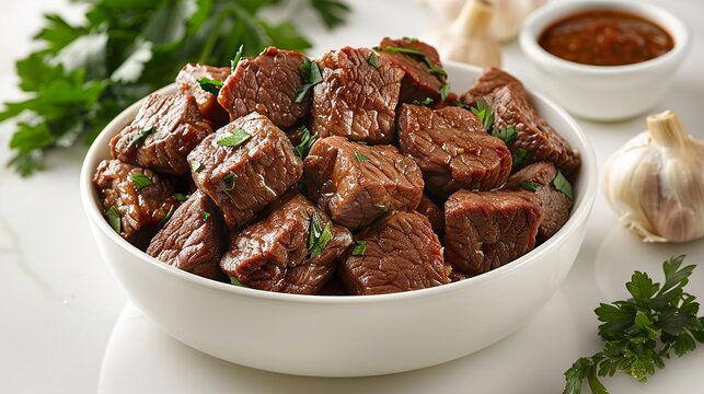 Fresh Cooked Beef in White Bowl Top View Isolated on White Background
