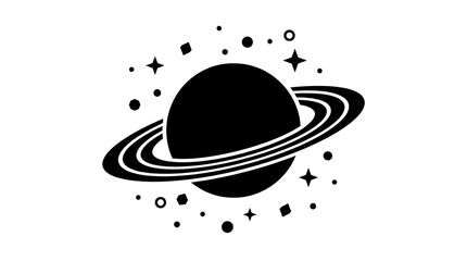 Minimalist black planet Saturn silhouette with stars background. © Ray