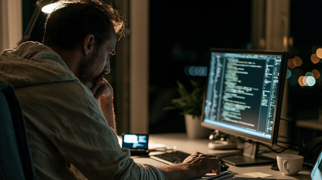 Software Developer Analyzing Programming Code on Multiple Monitors