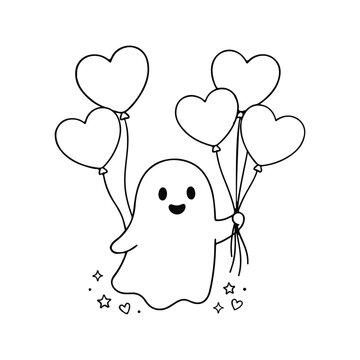 Cute black and white ghost holding heart balloons line art coloring page.