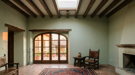 Obraz premium Spanish style room with sage walls and arched terrace doors