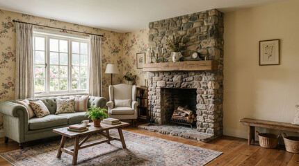 Obraz premium Country cottage living room with stone fireplace floral wallpaper and green sofa