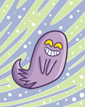 Funny purple ghost flying with smiley face with grey and green background