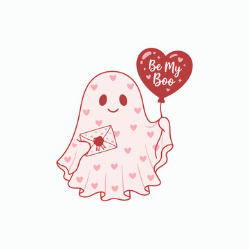  Cute Valentine ghost holding love letter and Be My Boo heart balloon.