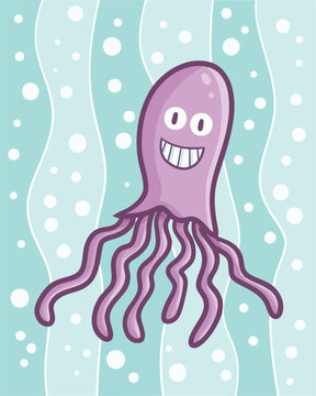 Funny purple octopus cartoon character smiling happily