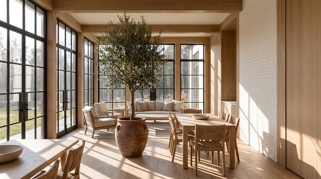 Sunlit garden room with large olive tree and dining table