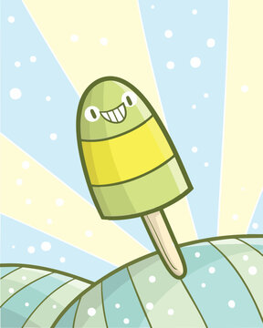Funny green yellow popsicle cartoon character smiling happily with stripe blue yellow background