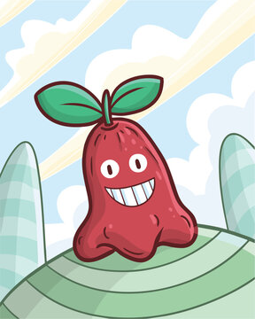 Funny and cute rose apple cartoon character smiling happily with cloudy blue sky background.