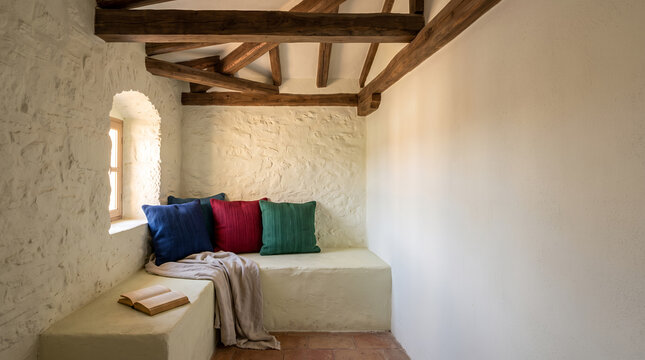 Cozy rustic reading nook with stone walls and wooden beams