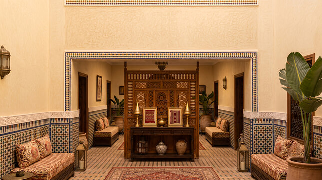Traditional Moroccan riad salon with zellige tiles carved screens and low seating